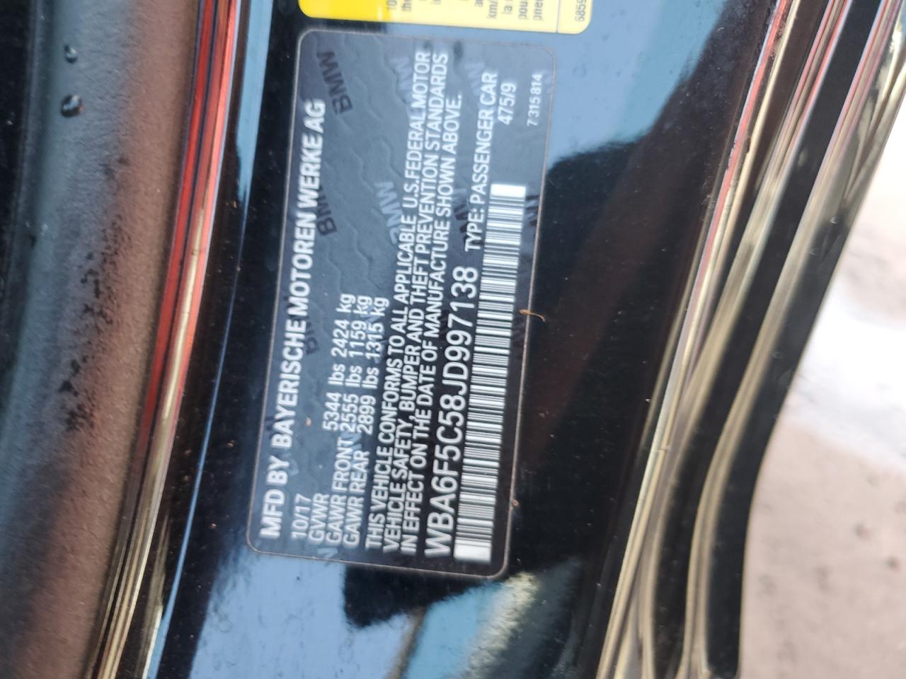 2018 BMW 6er VIN WBA6F5C58JD997138 Copart auction photo, water/flood damage thumbnail 13