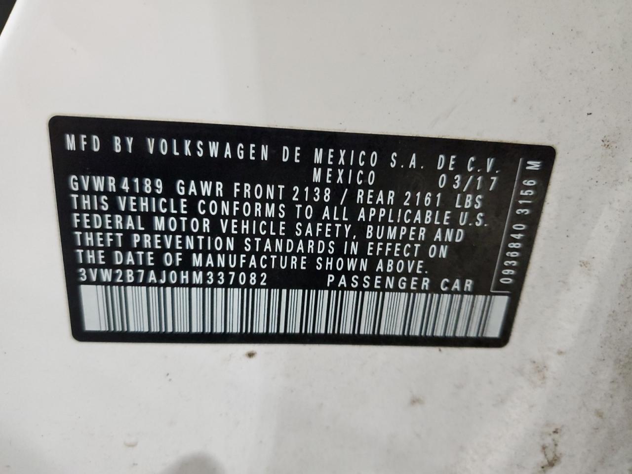 2017 Volkswagen Jetta VIN 3VW2B7AJ0HM337082 Copart auction photo, all over damage thumbnail 12