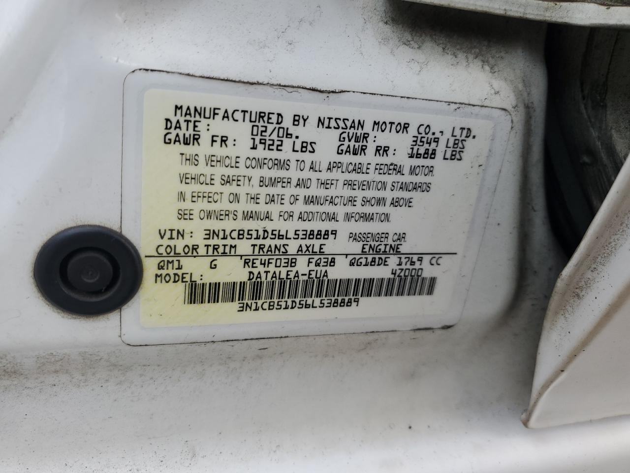 2006 Nissan Sentra VIN 3N1CB51D56L538889 Copart auction photo, front end damage thumbnail 12
