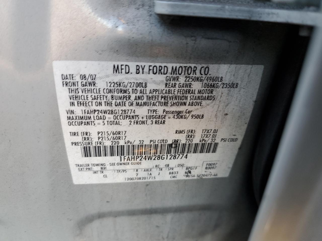 2008 Ford Taurus VIN 1FAHP24W28G128774 Copart auction photo, all over damage thumbnail 12