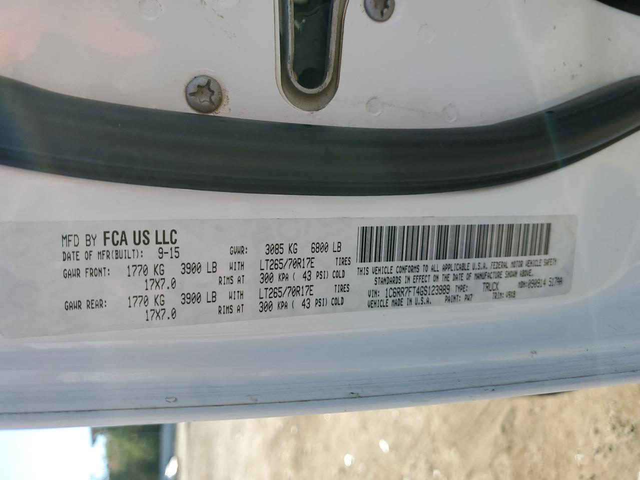 2016 RAM 1500 VIN 1C6RR7FT4GS123989 Copart auction photo, frame damage damage thumbnail 12