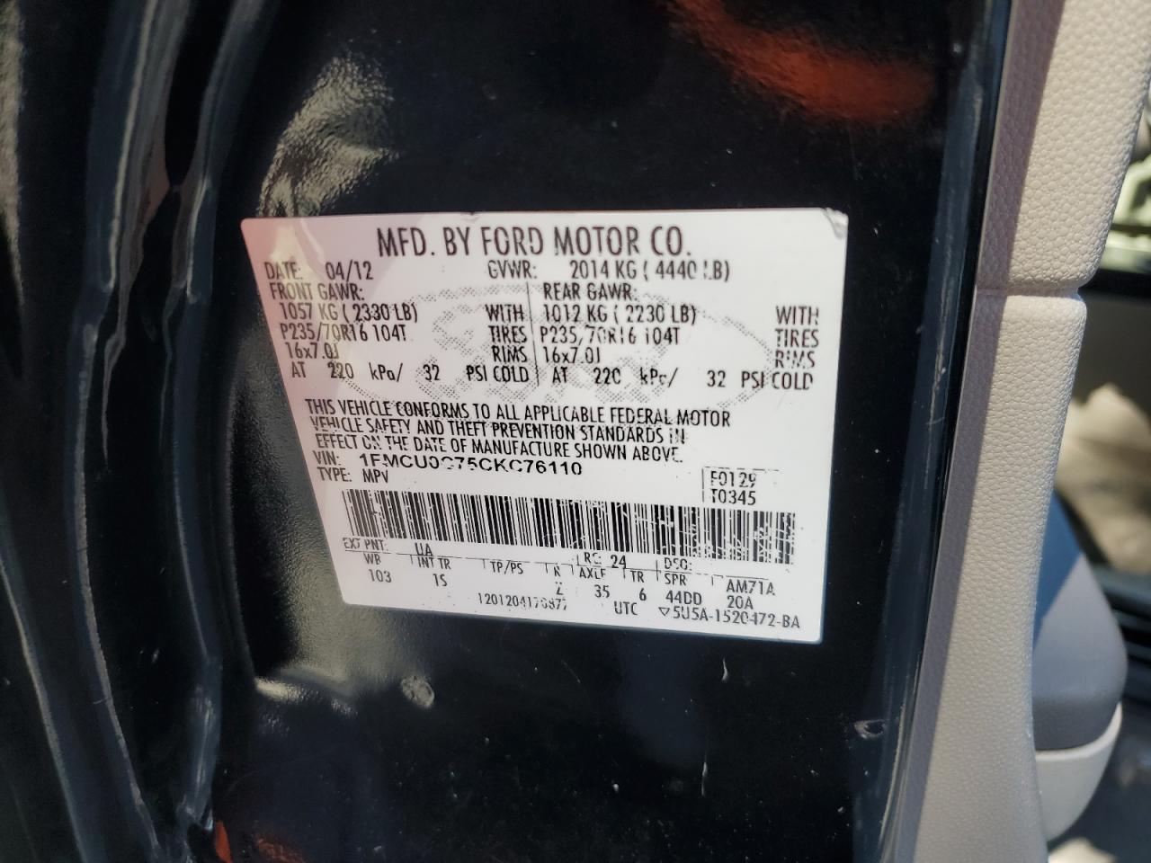 2012 Ford Escape VIN 1FMCU0C75CKC76110 Copart auction photo, front end / side damage thumbnail 15