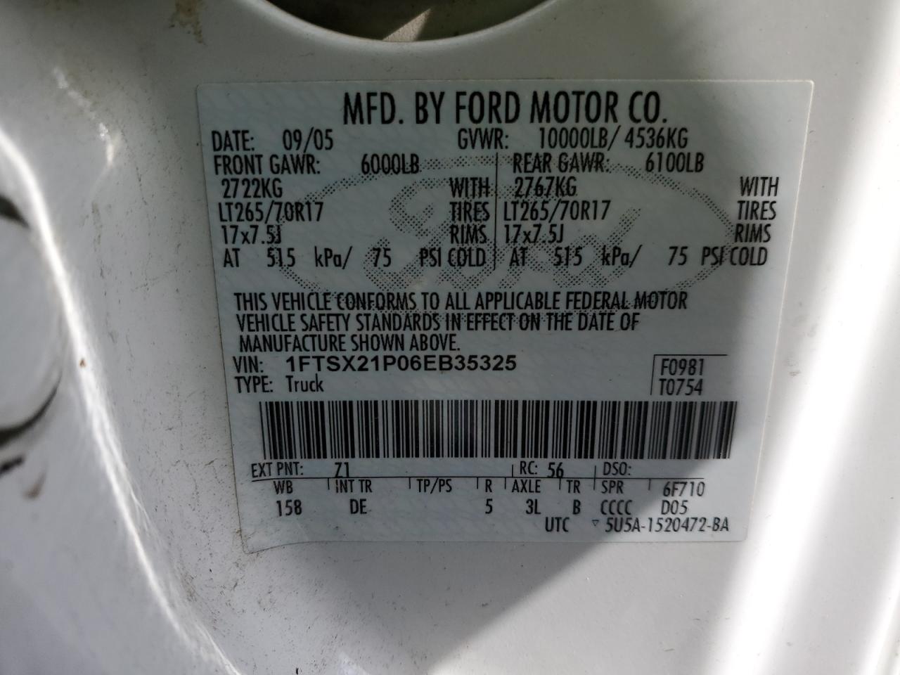 2006 Ford F250 VIN 1FTSX21P06EB35325 Copart auction photo, side / rear end damage thumbnail 14