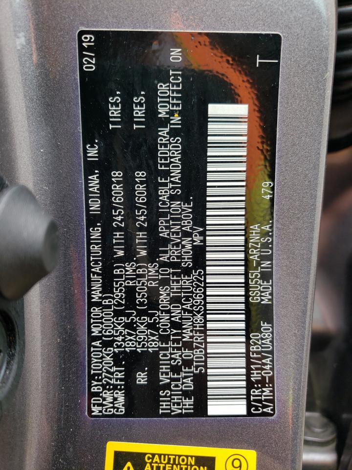 2019 Toyota Highlander VIN 5TDBZRFH8KS966225 Copart auction photo, front end damage thumbnail 14