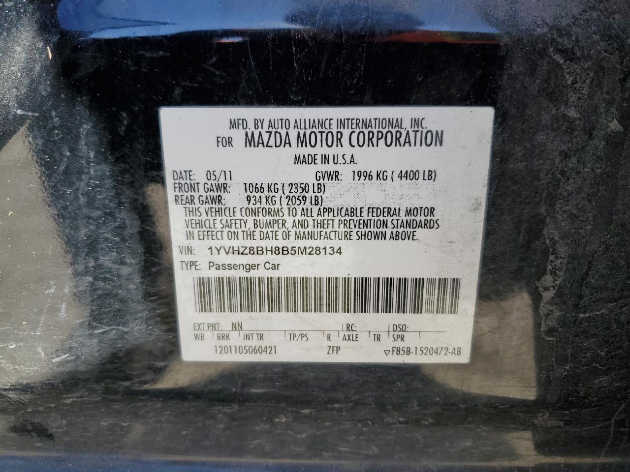 2011 Mazda 6 VIN 1YVHZ8BH8B5M28134 Copart auction photo, rear end / minor dent/scratches damage thumbnail 13