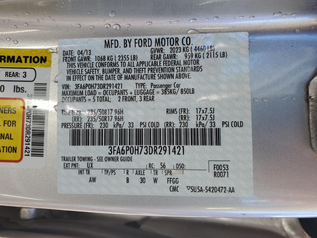 2013 Ford Fusion VIN 3FA6P0H73DR291421 Copart auction photo, front end damage thumbnail 12