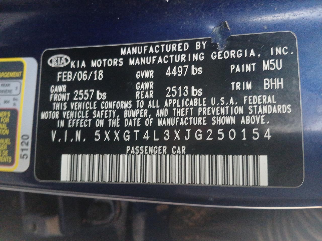2018 KIA Optima VIN 5XXGT4L3XJG250154 Copart auction photo, minor dent/scratches / normal wear damage thumbnail 10