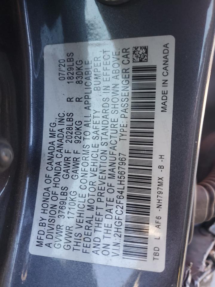 2020 Honda Civic VIN 2HGFC2F64LH567967 Copart auction photo, side damage thumbnail 14