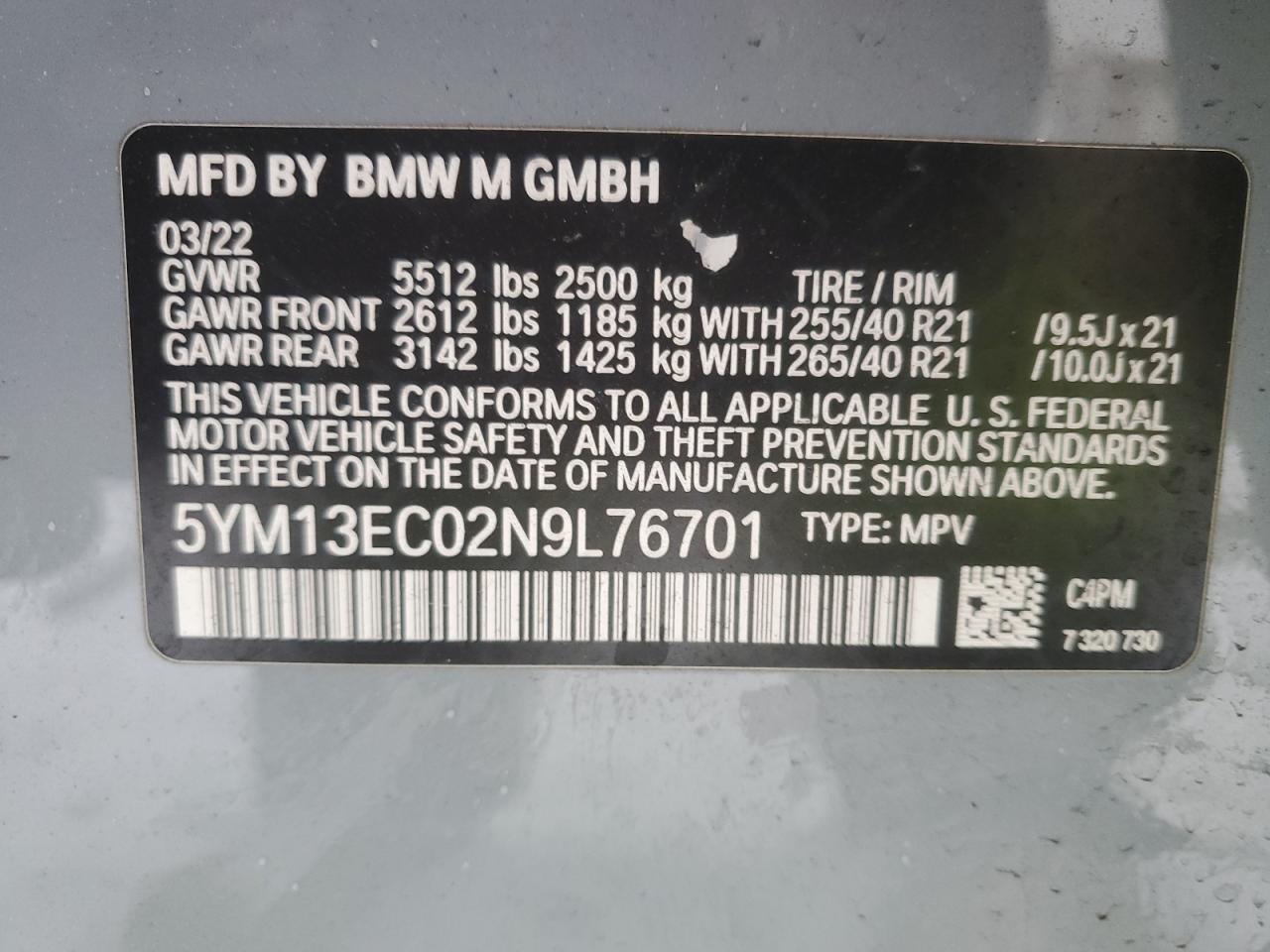 2022 BMW X3 M VIN 5YM13EC02N9L76701 Copart auction photo, front end / minor dent/scratches damage thumbnail 13