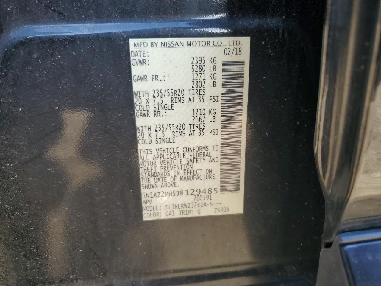 2018 Nissan Murano VIN 5N1AZ2MH5JN129485 Copart auction photo, front end / minor dent/scratches damage thumbnail 13