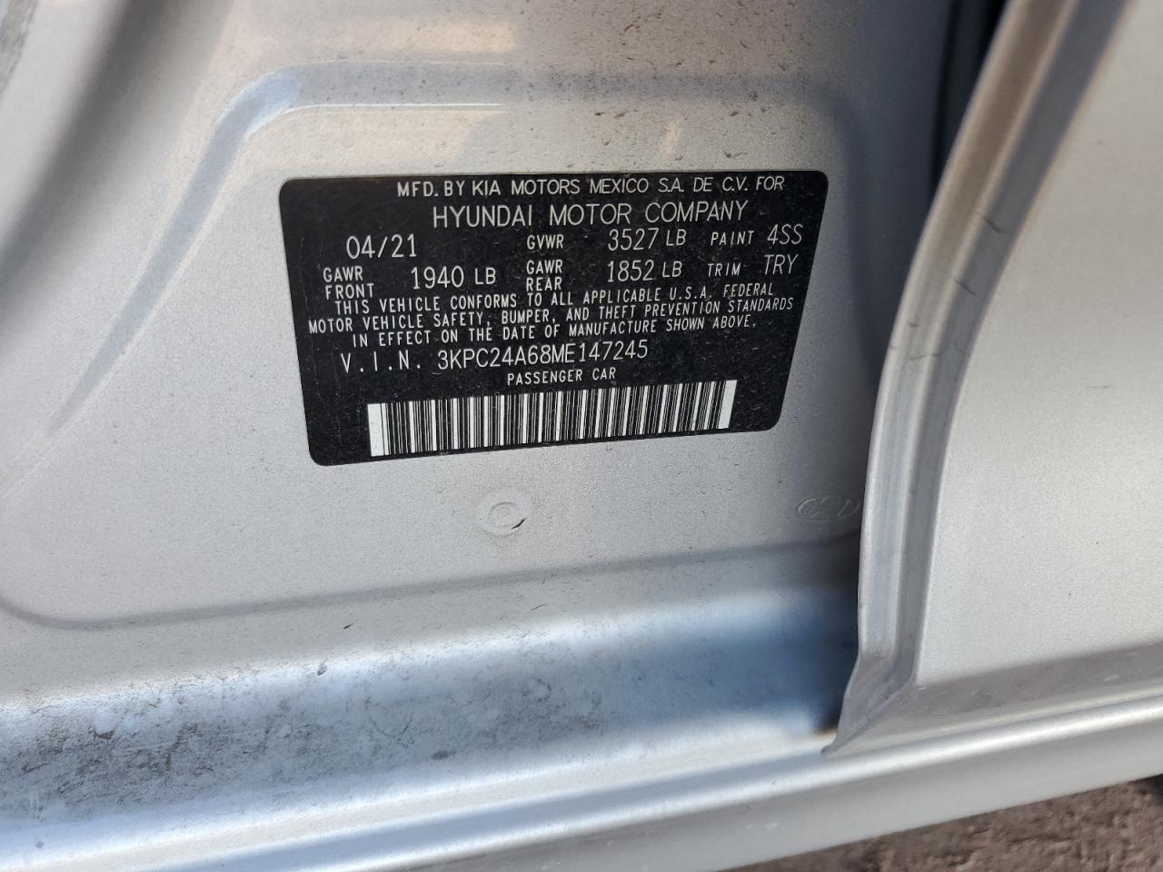 2021 Hyundai Accent VIN 3KPC24A68ME147245 Copart auction photo, front end damage thumbnail 12