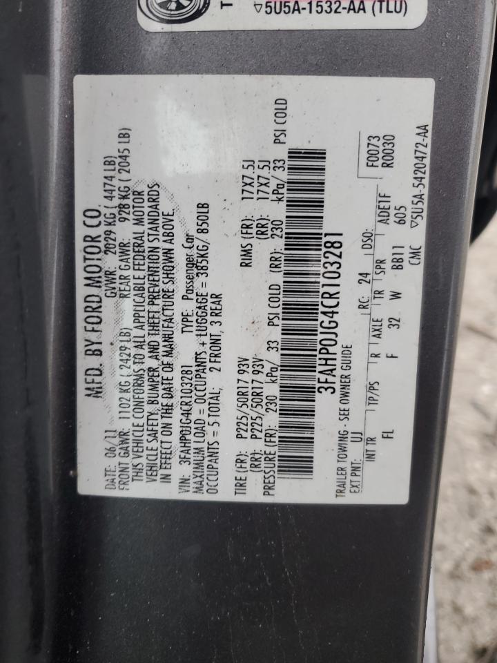 2012 Ford Fusion VIN 3FAHP0JG4CR103281 Copart auction photo, front end / rear end damage thumbnail 13