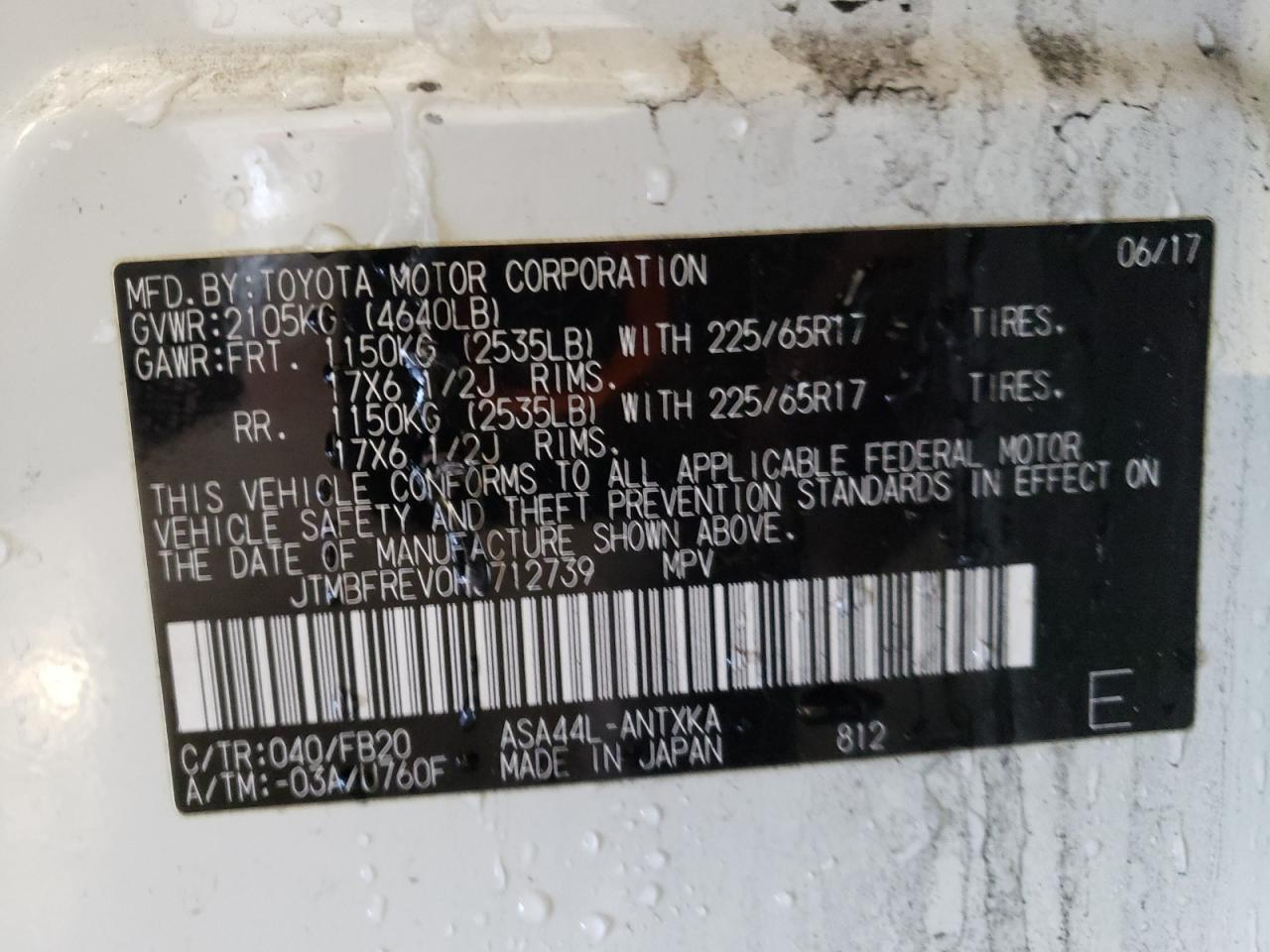 2017 Toyota RAV 4 VIN JTMBFREV0HJ712739 Copart auction photo, side / rear end damage thumbnail 14