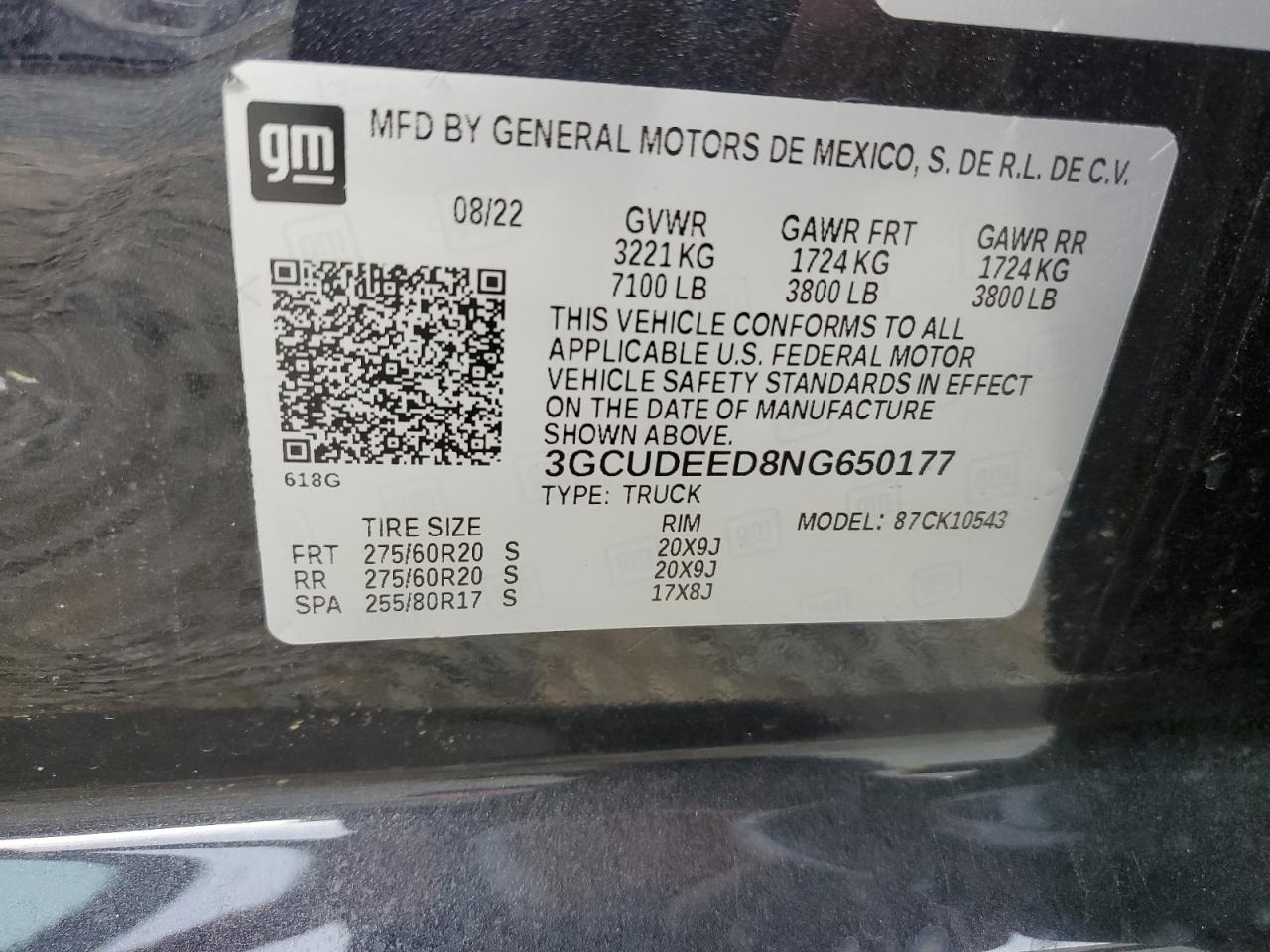2022 Chevrolet Silverado VIN 3GCUDEED8NG650177 Copart auction photo, side damage thumbnail 14