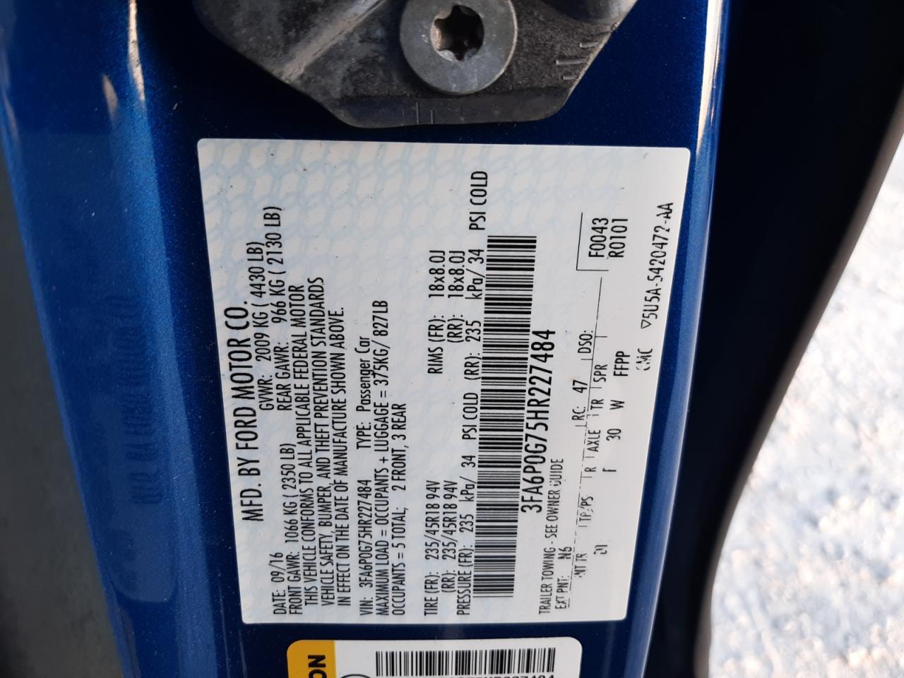 2017 Ford Fusion VIN 3FA6P0G75HR227484 Copart auction photo, front end damage thumbnail 13