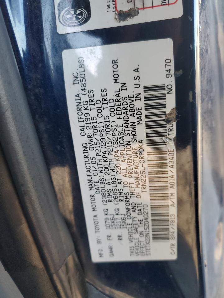 2005 Toyota Tacoma VIN 5TETX22N15Z040270 Copart auction photo, rear end damage thumbnail 12