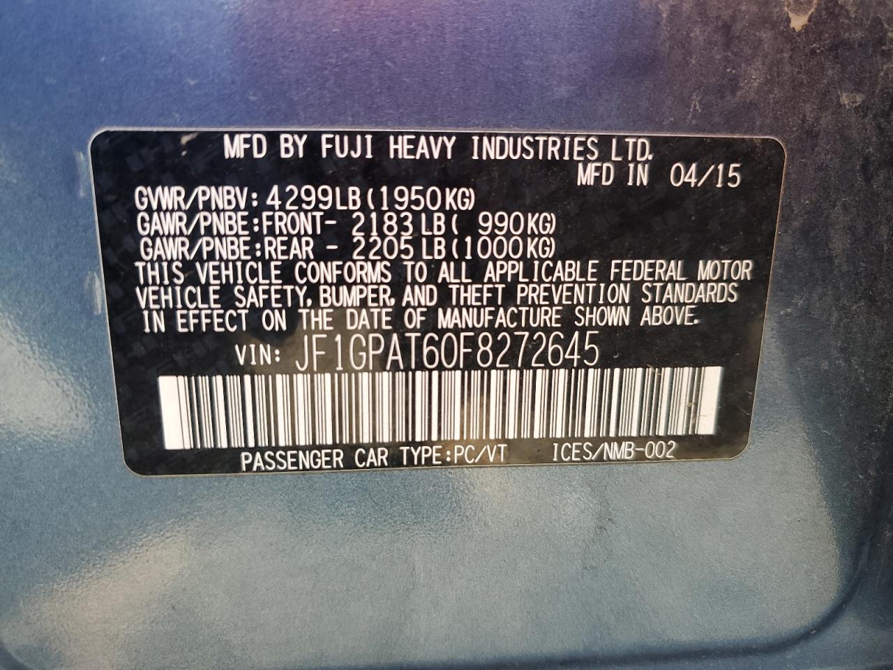 2015 Subaru Impreza VIN JF1GPAT60F8272645 Copart auction photo, all over damage thumbnail 15