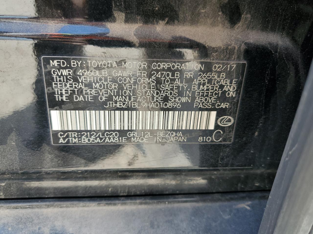 2017 Lexus GS VIN JTHBZ1BL9HA010896 Copart auction photo, front end / side damage thumbnail 15