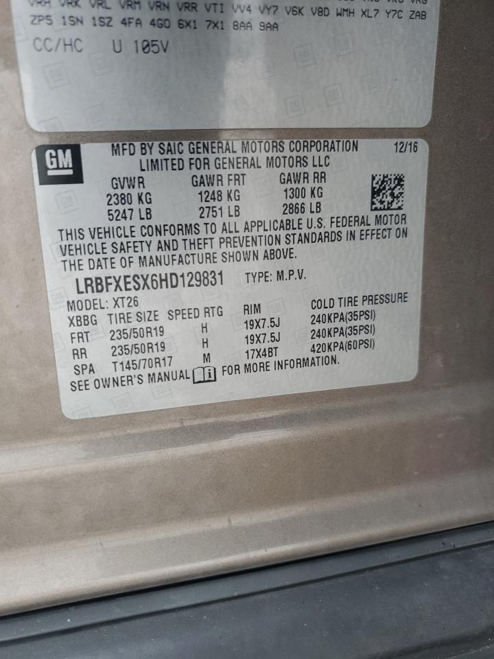 2017 Buick Envision VIN LRBFXESX6HD129831 Copart auction photo, rear end damage thumbnail 13