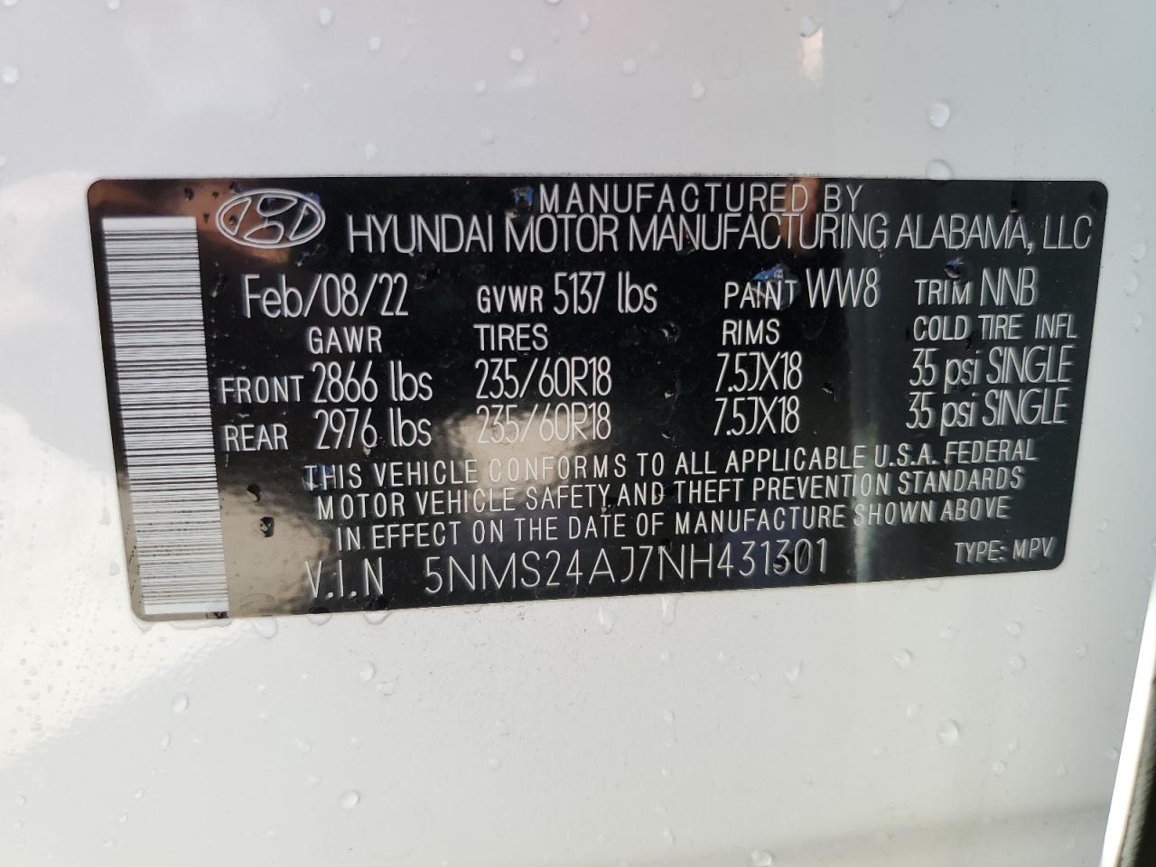2022 Hyundai Santa Fe VIN 5NMS24AJ7NH431301 Copart auction photo, front end / side damage thumbnail 13