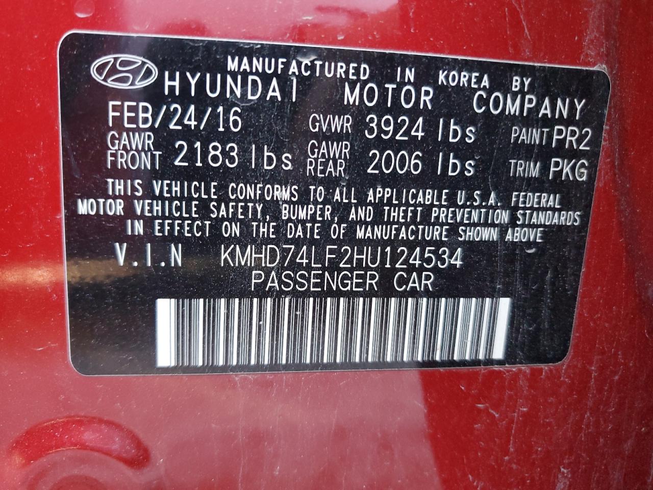 2017 Hyundai Elantra VIN KMHD74LF2HU124534 Copart auction photo, all over damage thumbnail 12