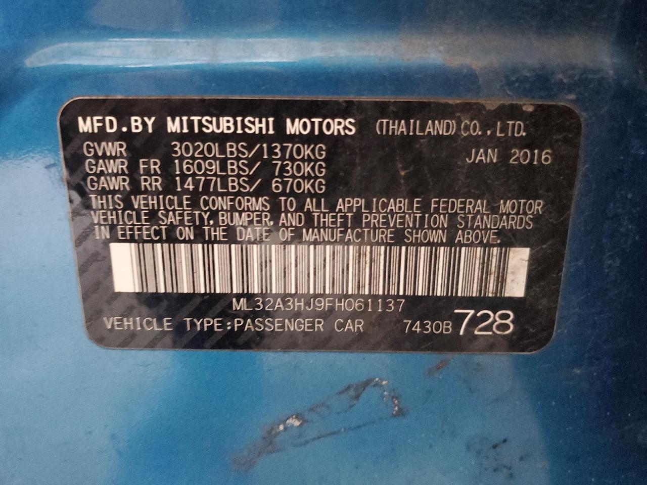 2015 Mitsubishi Mirage VIN ML32A3HJ9FH061137 Copart auction photo, side / undercarriage damage thumbnail 12