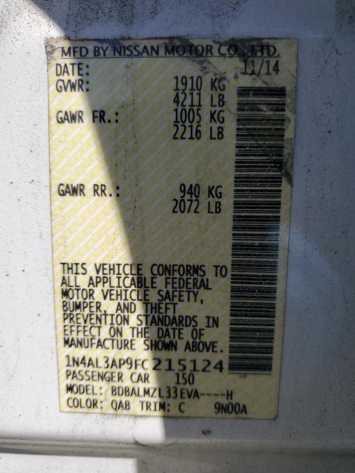 2015 Nissan Altima VIN 1N4AL3AP9FC215124 Copart auction photo, rear end damage thumbnail 12