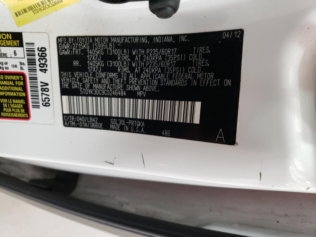 2012 Toyota Sienna VIN 5TDYK3DC9CS246484 Copart auction photo, front end / undercarriage damage thumbnail 13