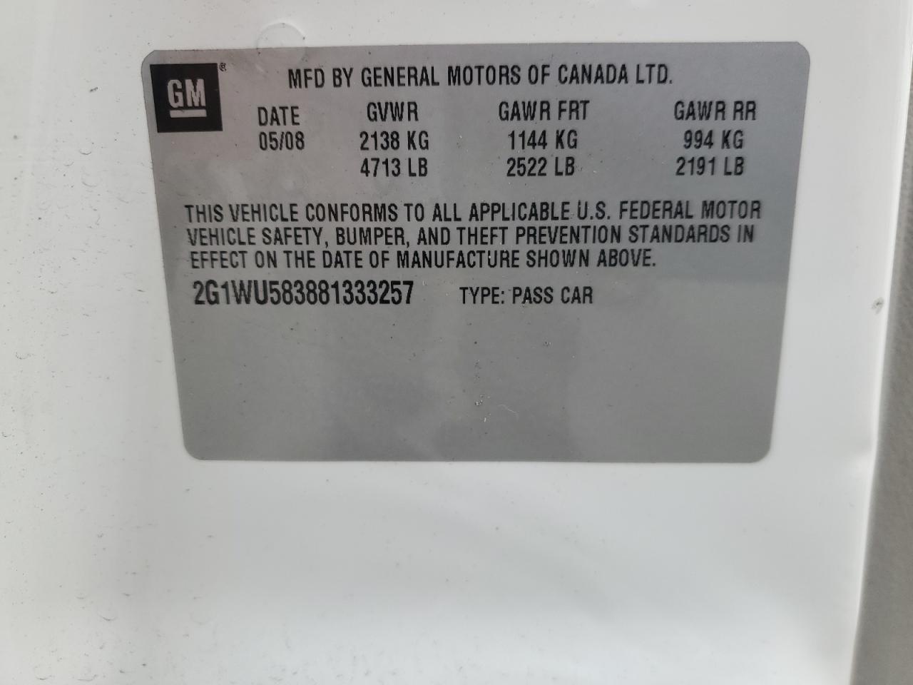 2008 Chevrolet Impala VIN 2G1WU583881333257 Copart auction photo, front end / minor dent/scratches damage thumbnail 14