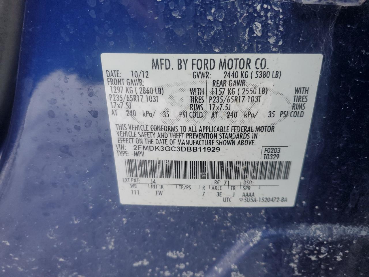 2013 Ford Edge VIN 2FMDK3GC3DBB11929 Copart auction photo, front end / minor dent/scratches damage thumbnail 13