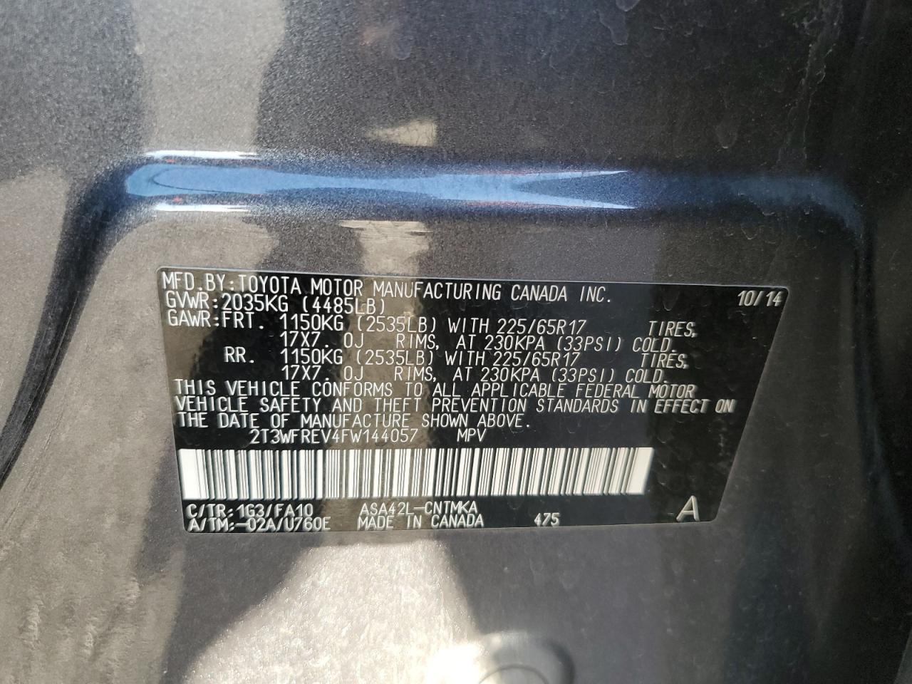 2015 Toyota RAV 4 VIN 2T3WFREV4FW144057 Copart auction photo, rear end damage thumbnail 13