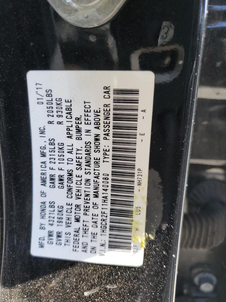 2017 Honda Accord VIN 1HGCR2F11HA140080 Copart auction photo, front end / side damage thumbnail 12