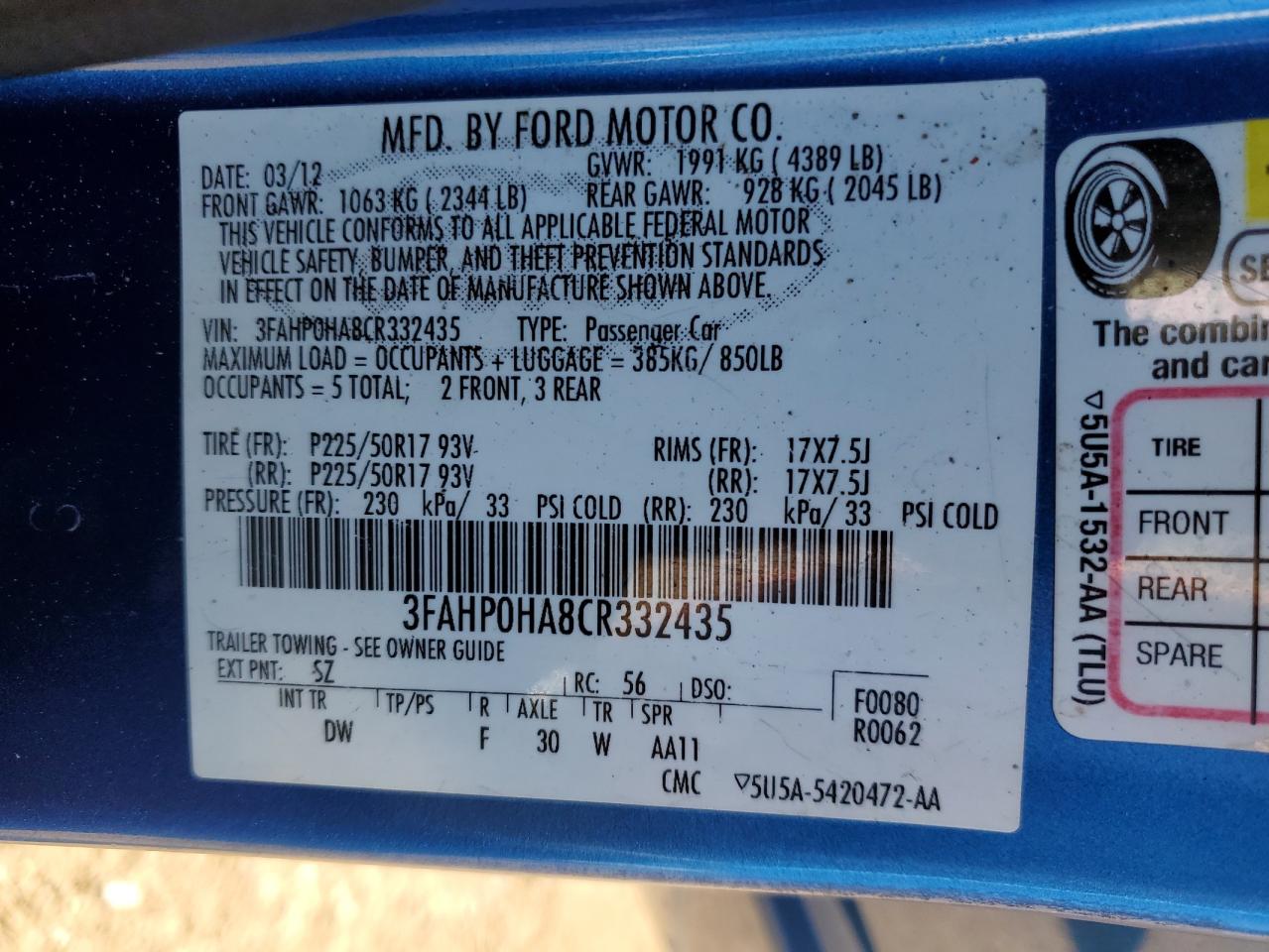 2012 Ford Fusion VIN 3FAHP0HA8CR332435 Copart auction photo, rear end / front end damage thumbnail 12