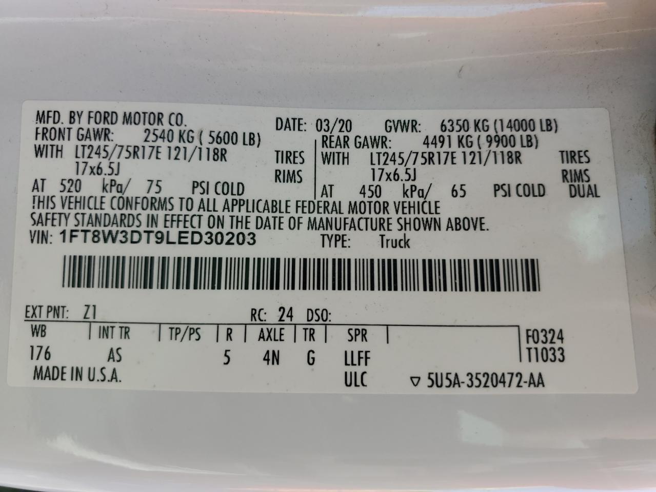 2020 Ford F350 VIN 1FT8W3DT9LED30203 Copart auction photo, front end damage thumbnail 12