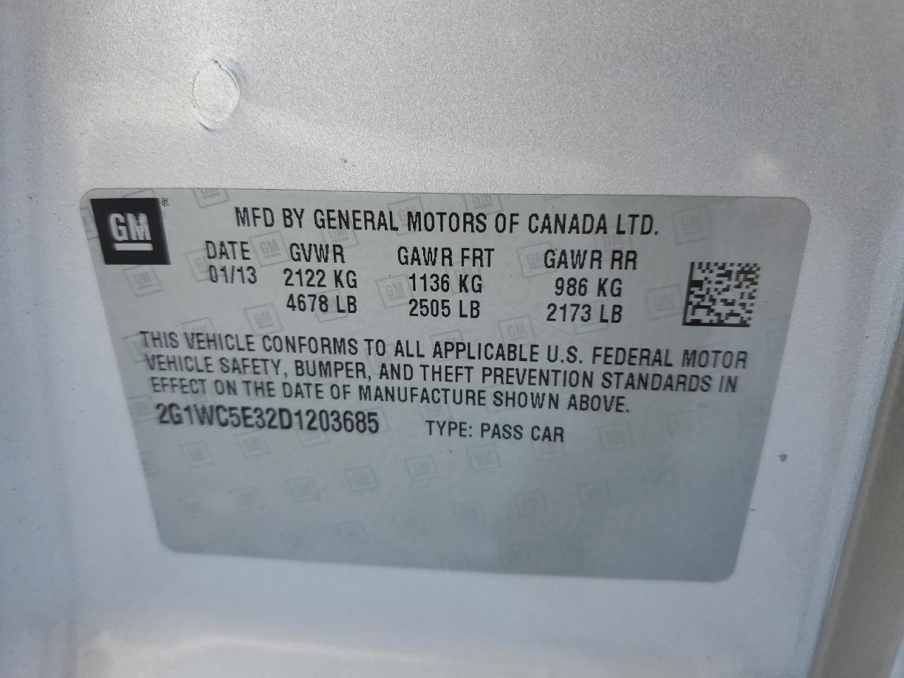 2013 Chevrolet Impala VIN 2G1WC5E32D1203685 Copart auction photo, rear end damage thumbnail 12