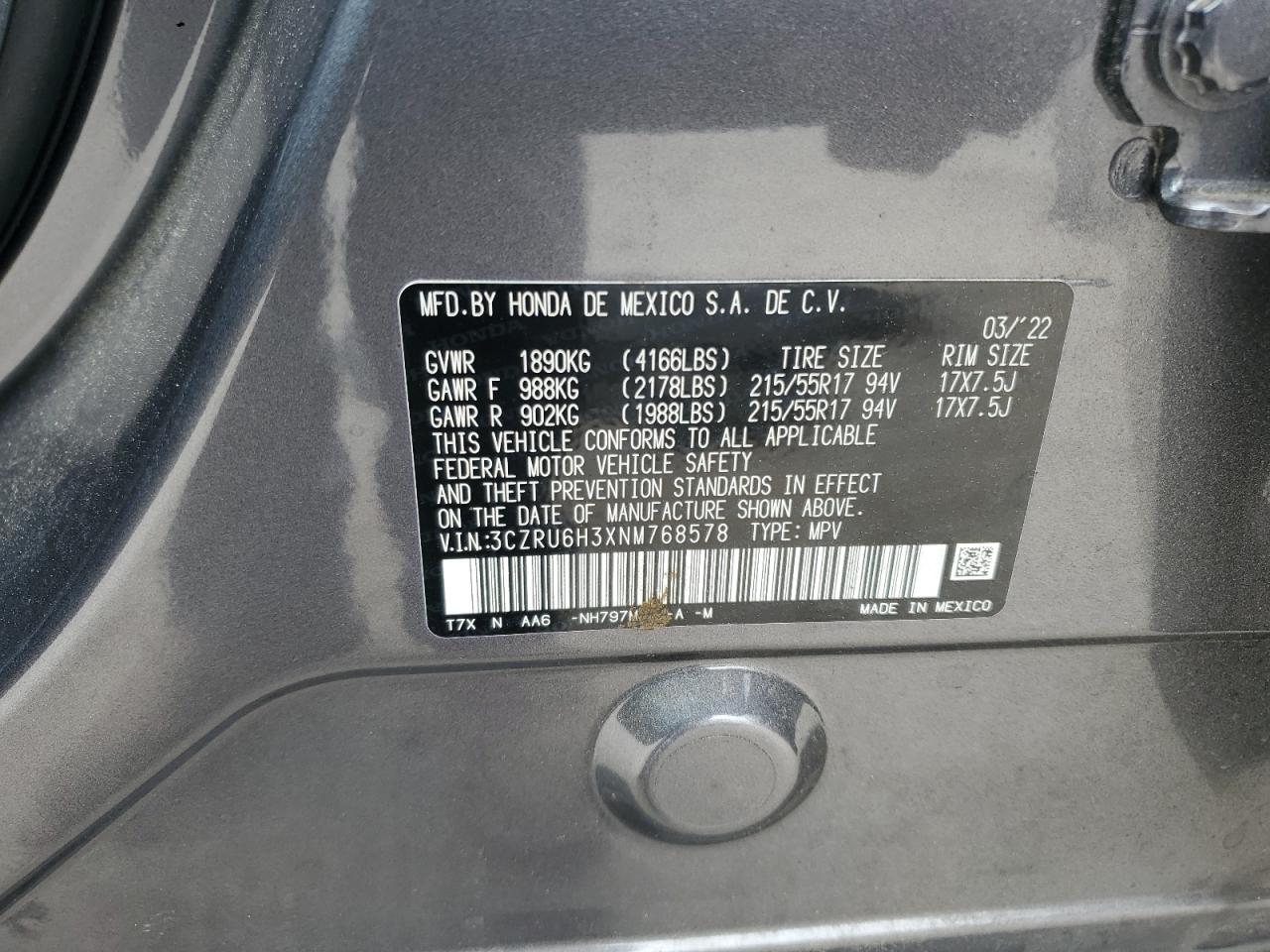 2022 Honda HR-V VIN 3CZRU6H3XNM768578 Copart auction photo, front end / rear end damage thumbnail 13