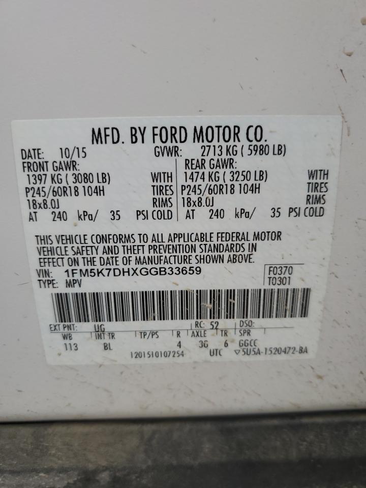 2016 Ford Explorer VIN 1FM5K7DHXGGB33659 Copart auction photo, front end damage thumbnail 13