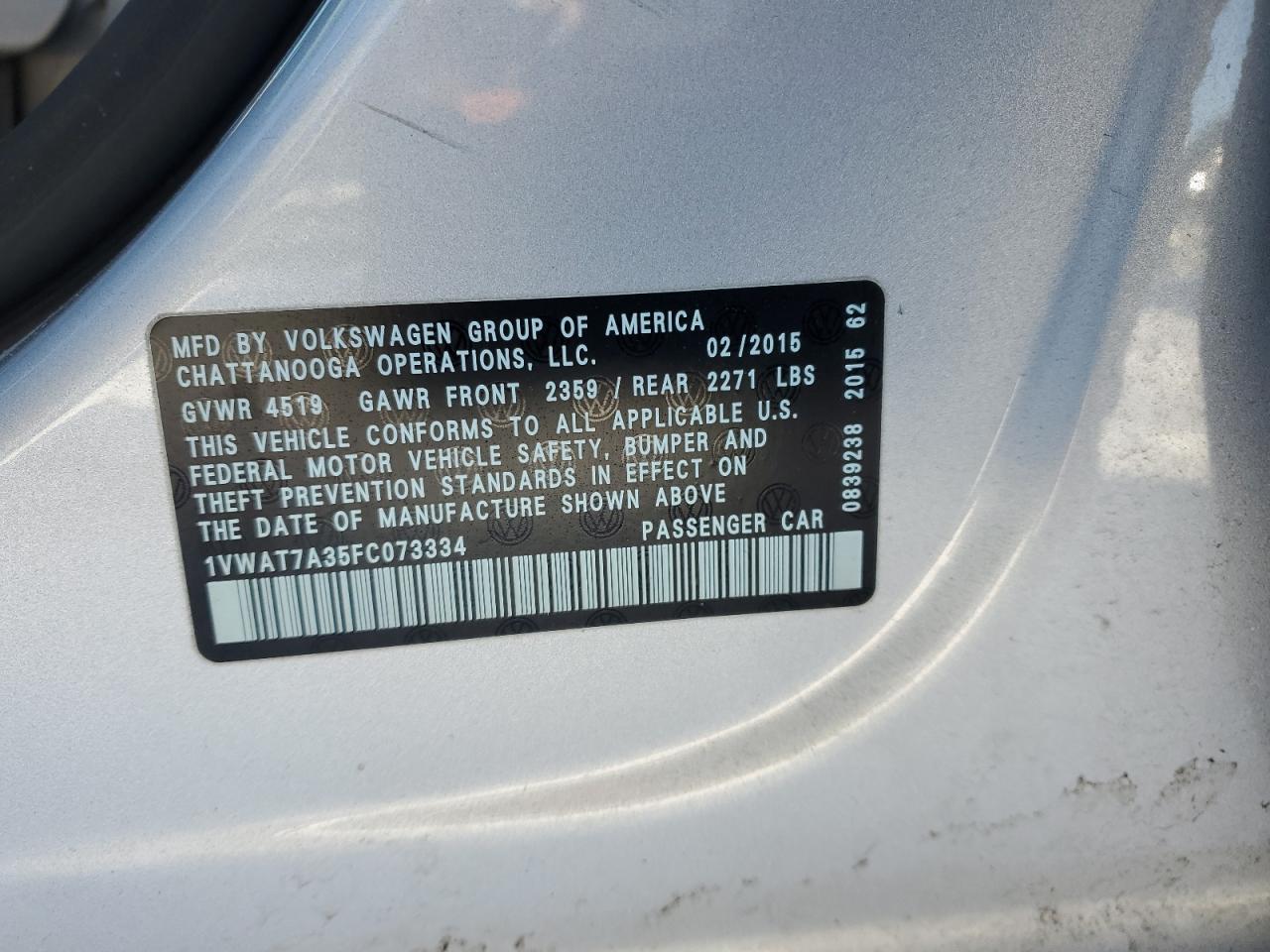 2015 Volkswagen Passat VIN 1VWAT7A35FC073334 Copart auction photo, vandalism damage thumbnail 12