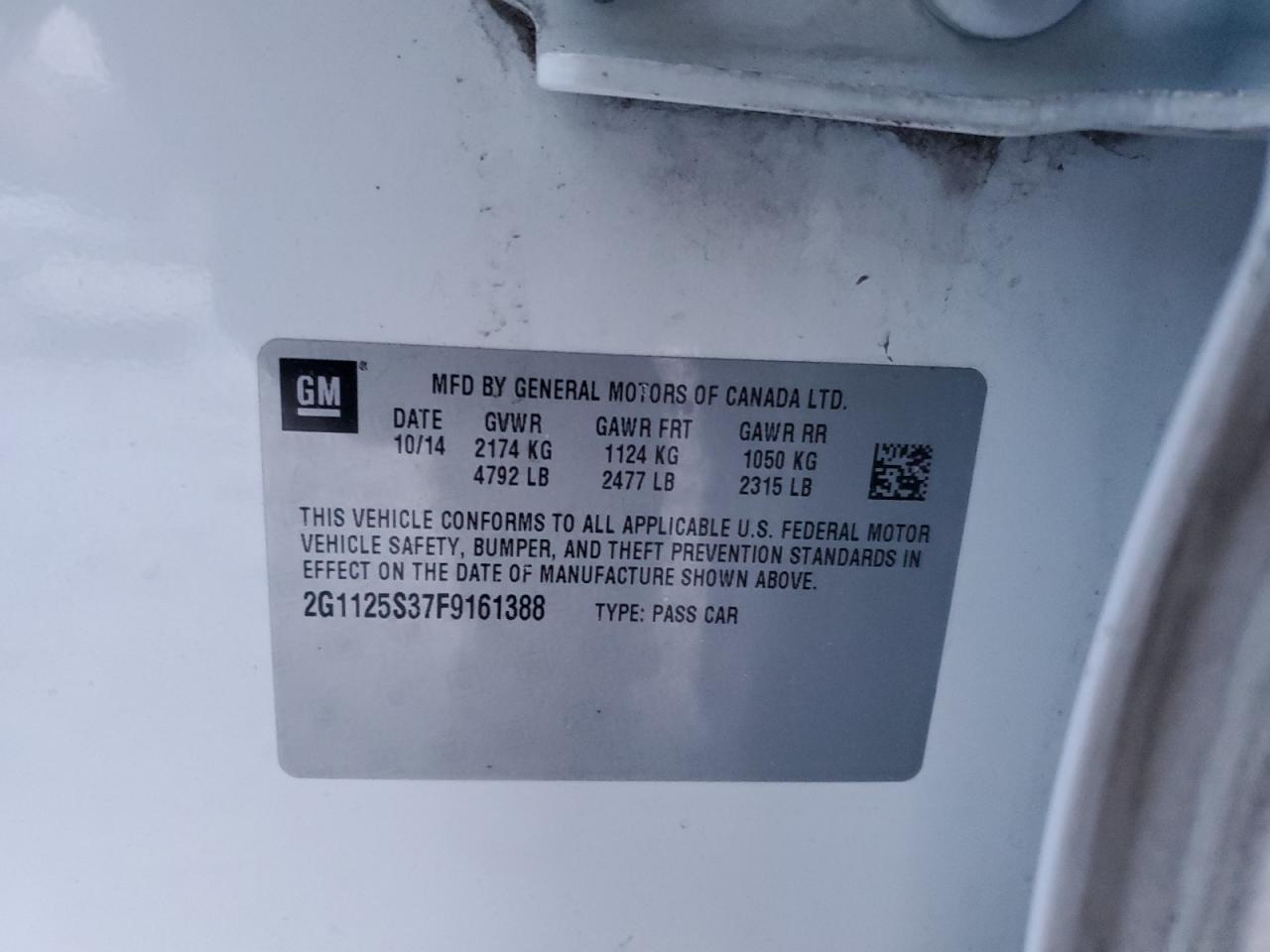 2015 Chevrolet Impala VIN 2G1125S37F9161388 Copart auction photo, side / front end damage thumbnail 14