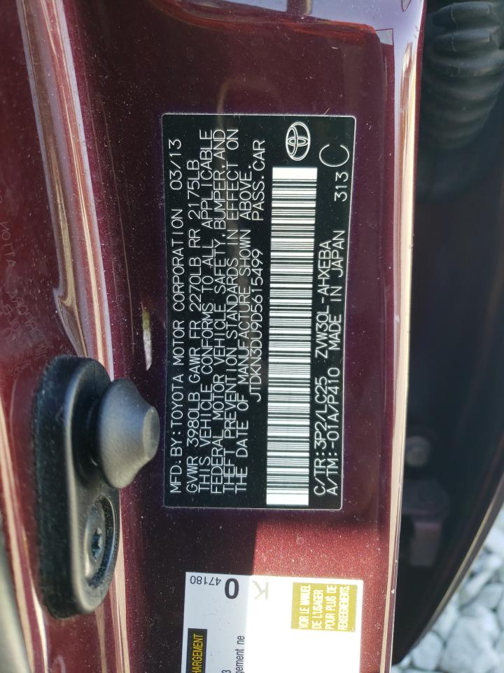 2013 Toyota Prius VIN JTDKN3DU9D5615499 Copart auction photo, rear end / minor dent/scratches damage thumbnail 12