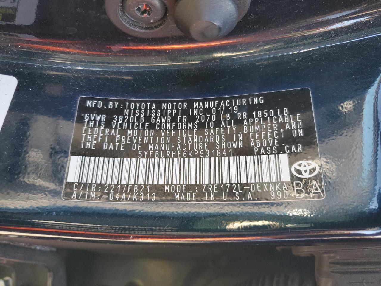 2019 Toyota Corolla VIN 5YFBURHE6KP931841 Copart auction photo, front end damage thumbnail 12