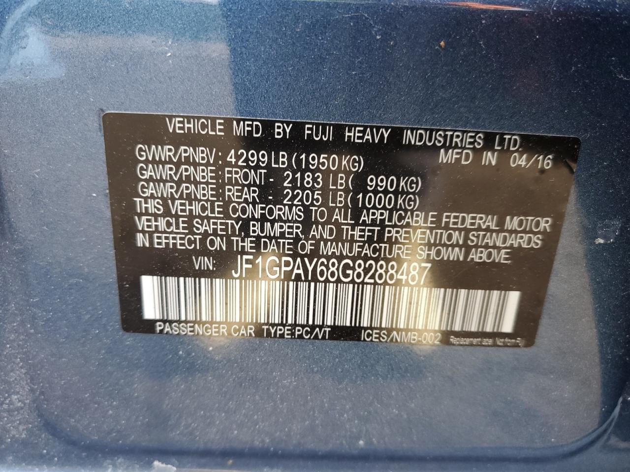 2016 Subaru Impreza VIN JF1GPAY68G8288487 Copart auction photo, rear end / side damage thumbnail 13