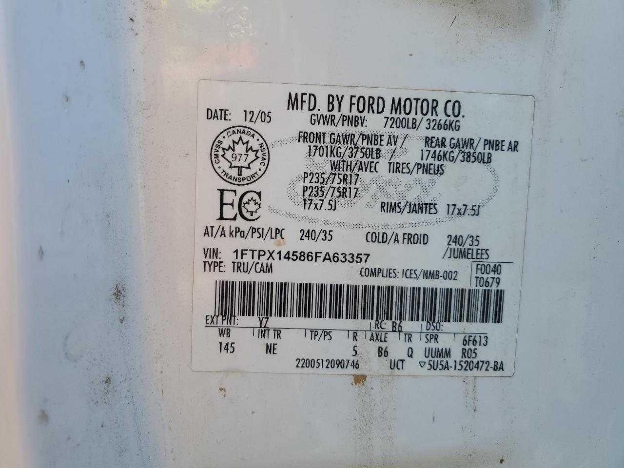 2006 Ford F-150 VIN 1FTPX14586FA63357 Copart auction photo, hail / rear end damage thumbnail 12