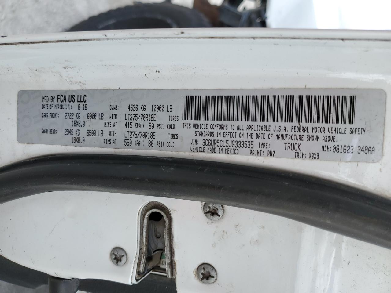 2018 RAM 2500 VIN 3C6UR5CL5JG333535 Copart auction photo, front end / minor dent/scratches damage thumbnail 13
