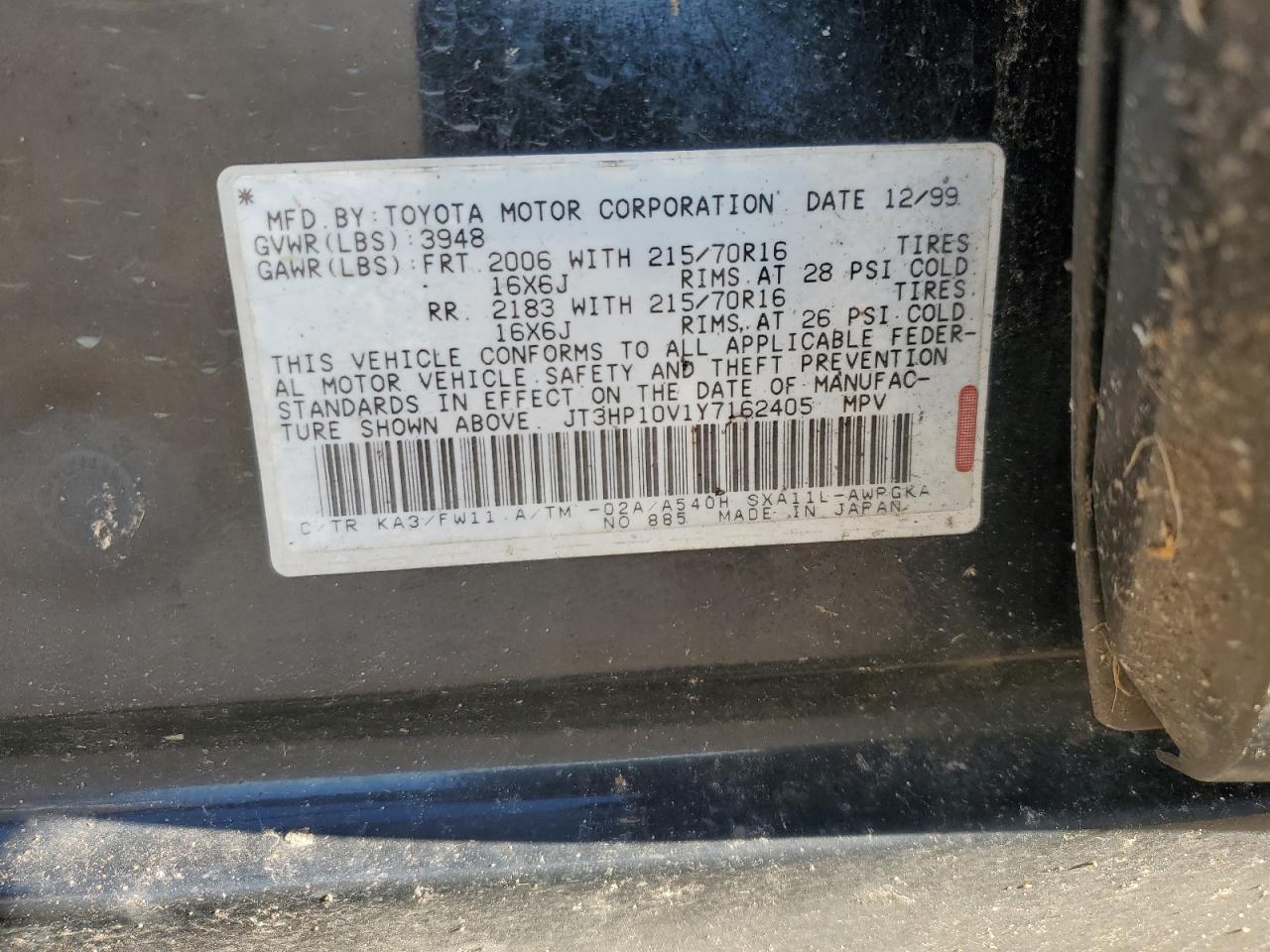 2000 Toyota RAV 4 VIN JT3HP10V1Y7162405 Copart auction photo, side / minor dent/scratches damage thumbnail 14