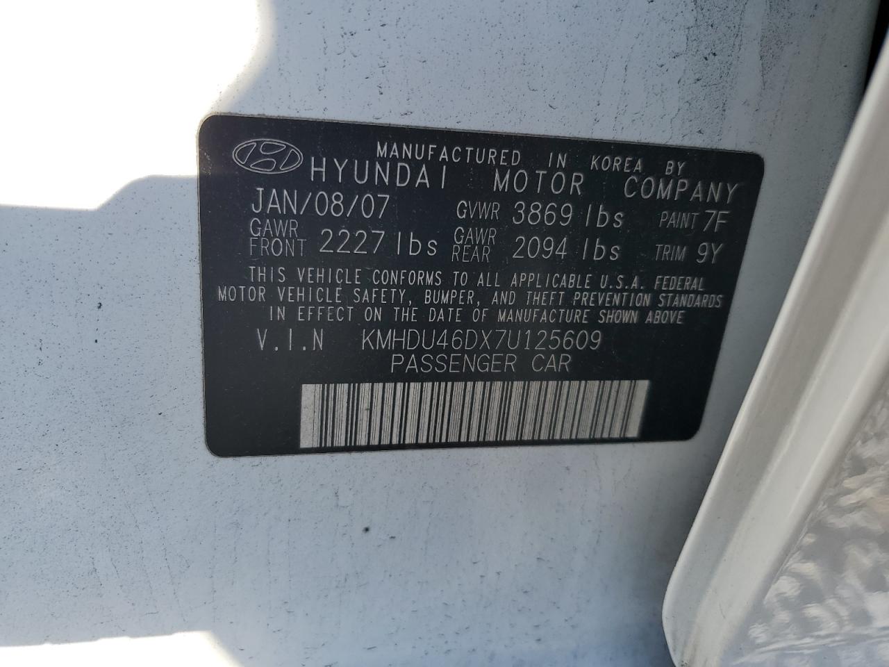 2007 Hyundai Elantra VIN KMHDU46DX7U125609 Copart auction photo, front end damage thumbnail 13