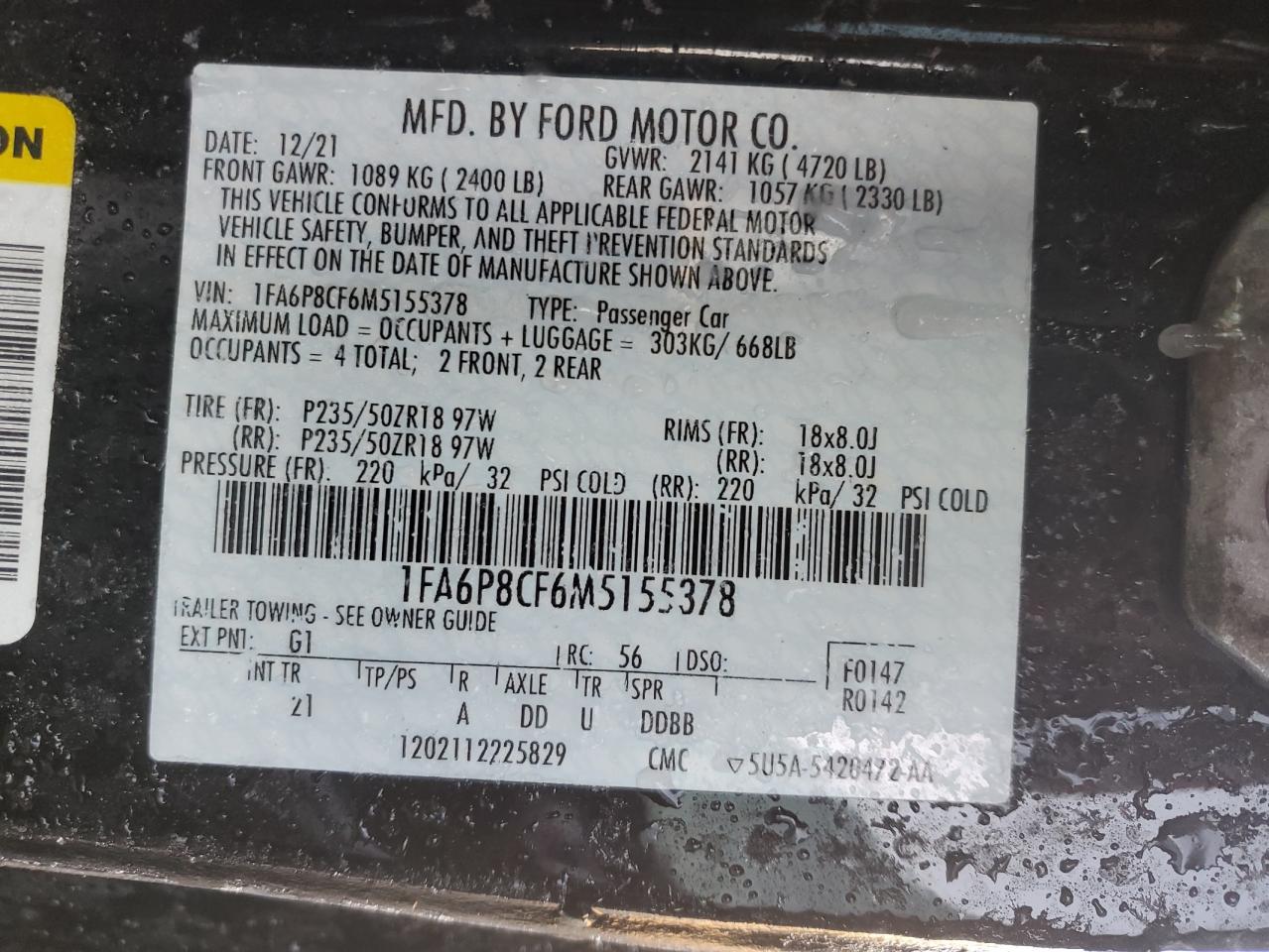 2021 Ford Mustang VIN 1FA6P8CF6M5155378 Copart auction photo, rear end damage thumbnail 12
