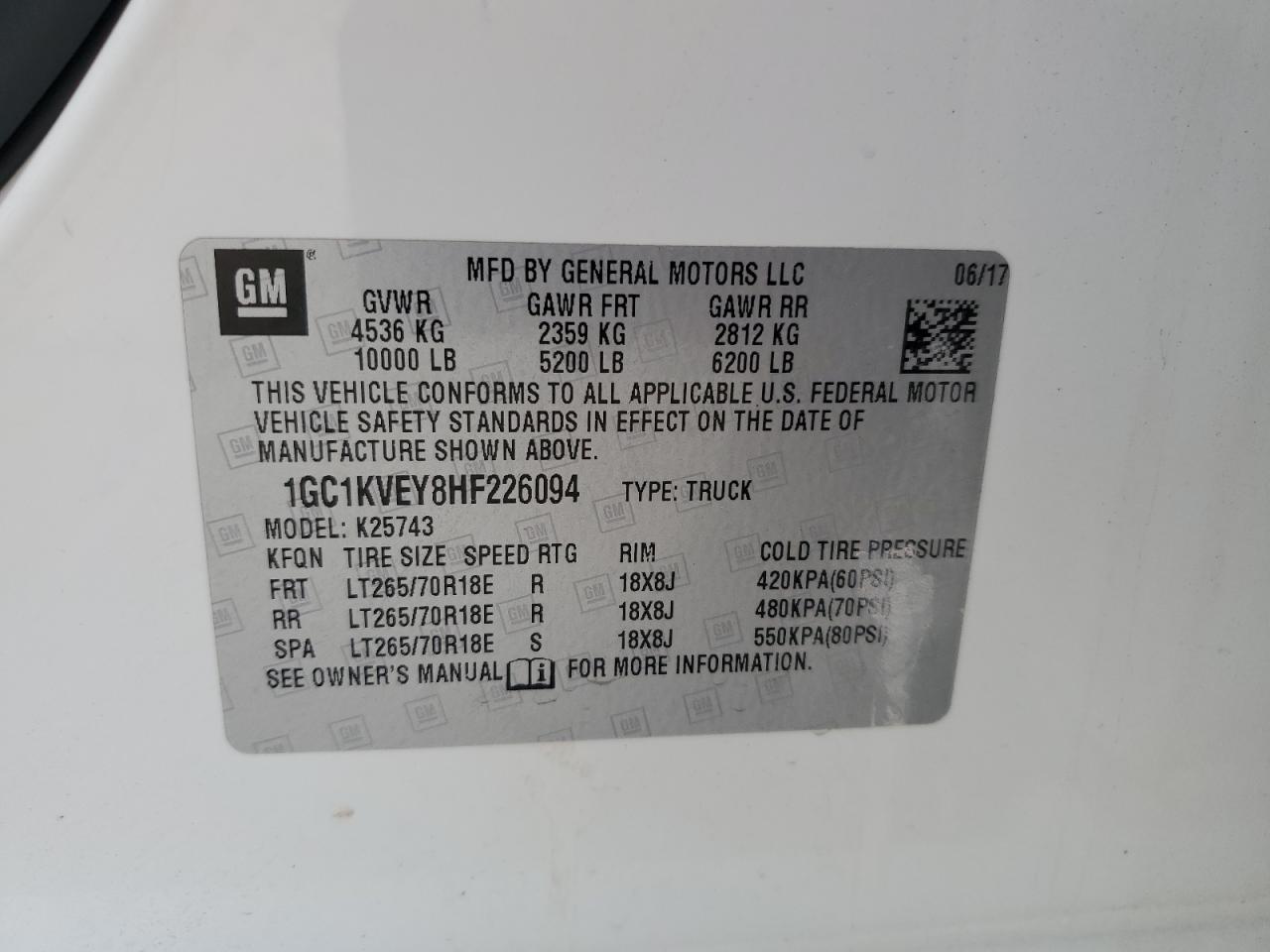 2017 Chevrolet Silverado VIN 1GC1KVEY8HF226094 Copart auction photo, front end damage thumbnail 14