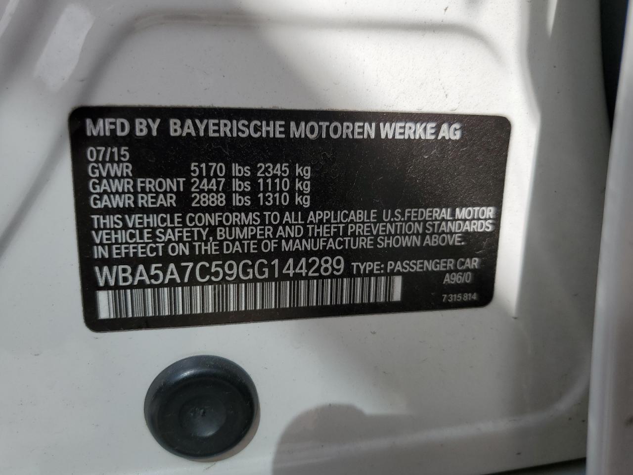 2016 BMW 5er VIN WBA5A7C59GG144289 Copart auction photo, front end damage thumbnail 12