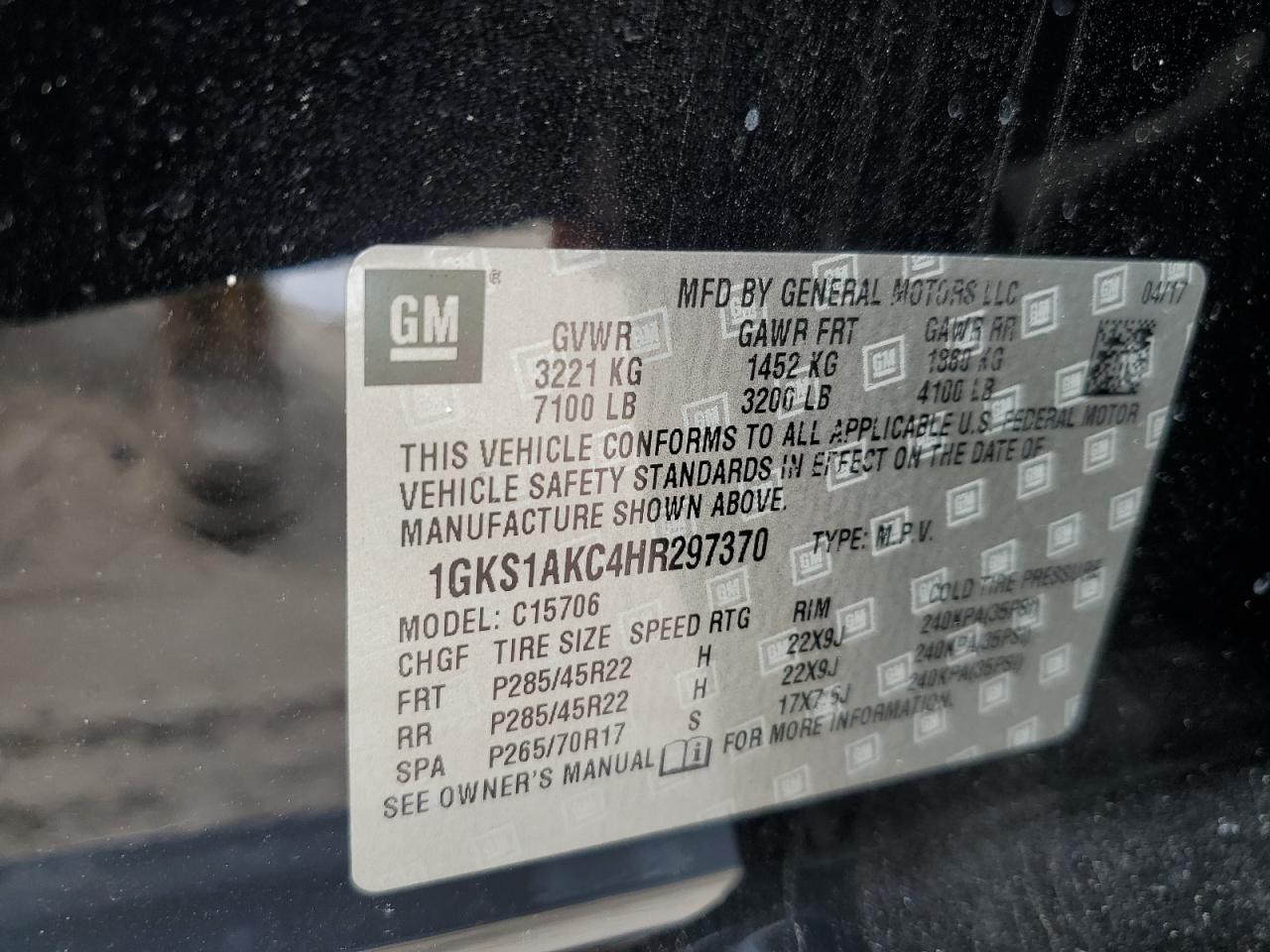 2017 GMC Yukon VIN 1GKS1AKC4HR297370 Copart auction photo, front end damage thumbnail 15